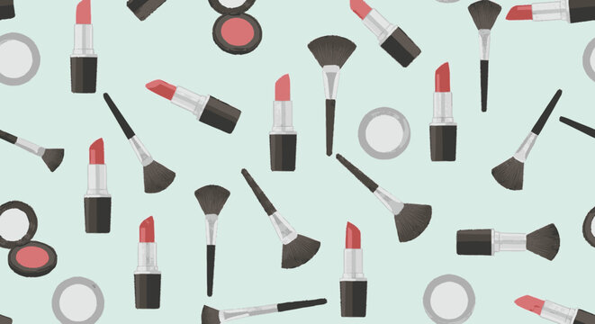 Seamless pattern of flat illustrated cosmetic products including red l