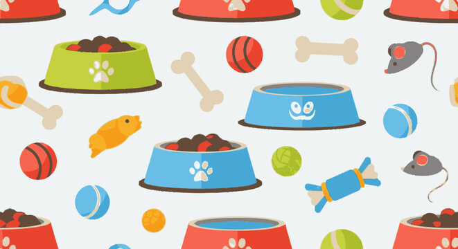 Seamless pattern of flat illustrated dog supplies including food bowls