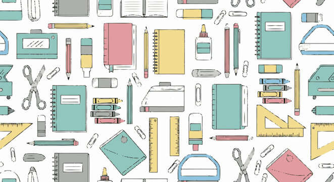 Seamless pattern of hand-drawn school and office supplies including no