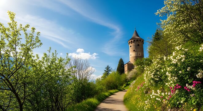 Medieval stone tower beside a flowering path on a sunny day