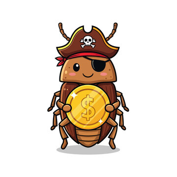 Cute Cartoon Cockroach Pirate Holding Gold Coin - Kawaii Bug Character