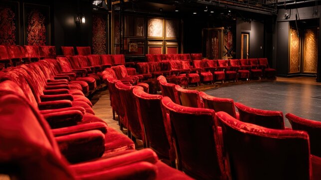 Theater Seating Rows with Plush Red Velvet Chairs and Stage Ready for a Performance 