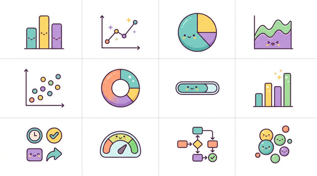 Collection of hand-drawn business and data visualization icons.