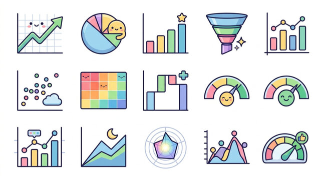 Collection of hand-drawn charts and graphs with cute faces.