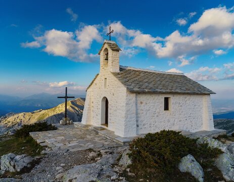 Historic Prophet Elias White Stone Summit Church on Mount Voras Kaimaktsalan