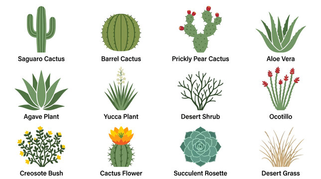 Premium flat minimal vector icon set of 12 desert plants: saguaro cactus, barrel cactus, prickly pear cactus, aloe vera, agave plant, yucca plant, desert shrub, ocotillo, creosote bush, cactus flower