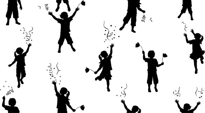 Silhouettes of Children Celebrating with Confetti and Joyful Poses.