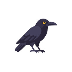Fototapeta premium Black raven with long beak, folded wings, and perched standing pose, Halloween bird icon for spooky horror theme, haunted scene, dark nature concept, and seasonal decoration, colorful illustration