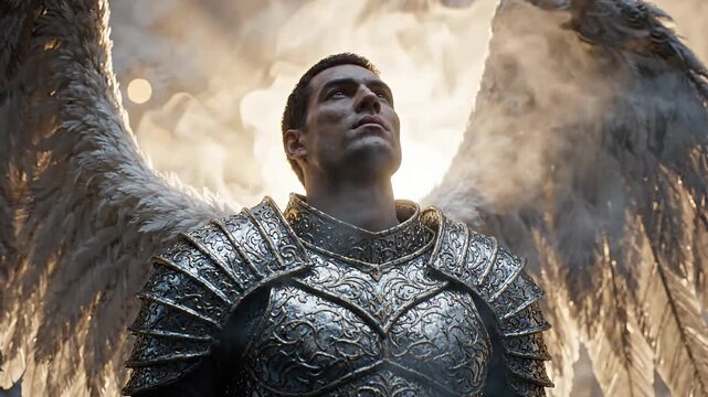 Majestic Angel Warrior with Ornate Armor and Grand White Wings