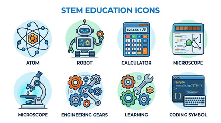 Colorful STEM and STEAM education icons on white background. © bogel