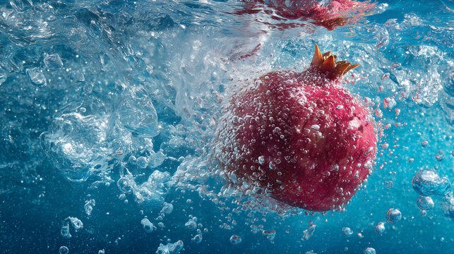 MELOGRANO INTERO FRESCO CHE CADE SOTT'ACQUA CON SPRUZZI E BOLLE D'ARIA SU SFONDO AZZURRO 