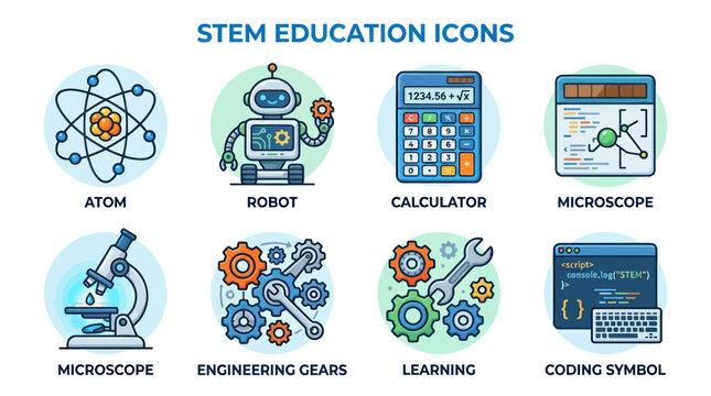 Colorful STEM and STEAM education icons on white background.