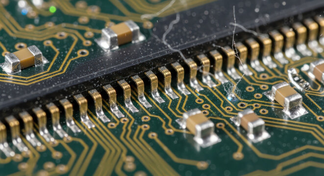 Circuit Board Macro Close Up Showing Intricate Gold Connectors and Components