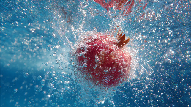 MELOGRANO INTERO FRESCO CHE CADE SOTT'ACQUA CON SPRUZZI E BOLLE D'ARIA SU SFONDO AZZURRO 