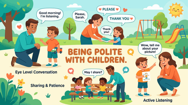 Illustration of adults practicing polite communication and active listening with children in a park setting for child development