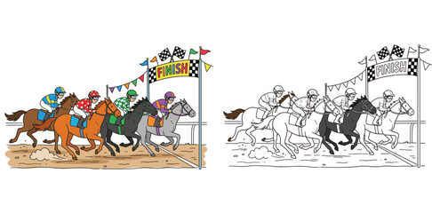Naklejka premium Horse Racing Cartoon Illustration with Jockeys at Finish Line, Includes Colorful and Black and White Line Art Coloring Page Versions