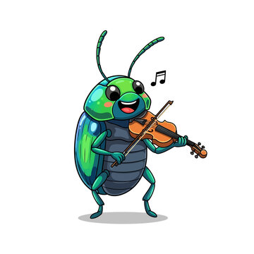 Cute cartoon beetle playing violin, happy musically insect character, white background
