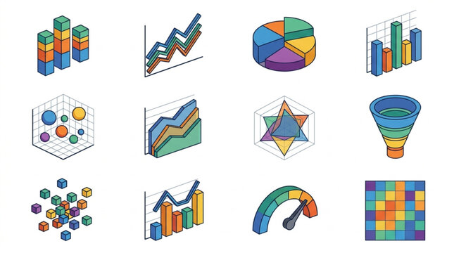 Collection of Isometric Business and Data Charts and Graphs.