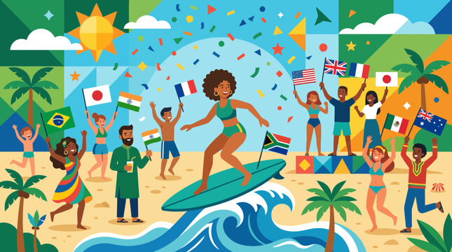 Diverse people celebrate surfing and summer vacation on beach with flags from around the world