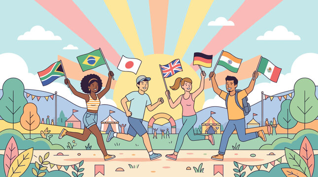 Diverse group of people running with international flags at a festival, celebrating unity