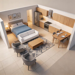 Fototapeta premium Modern studio apartment layout emphasizing farm-to-table freshness and nutrition