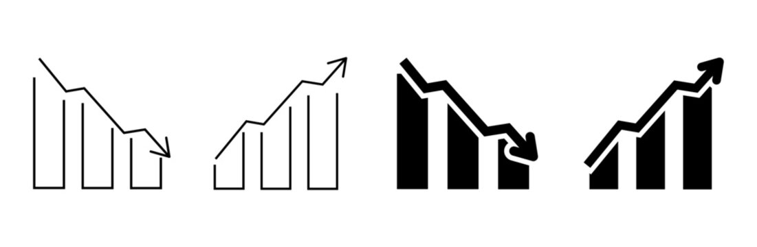 Bar Chart Growth and Decline Icon Set, Business Analytics and Financial Performance Symbols in Outline and Solid Style
