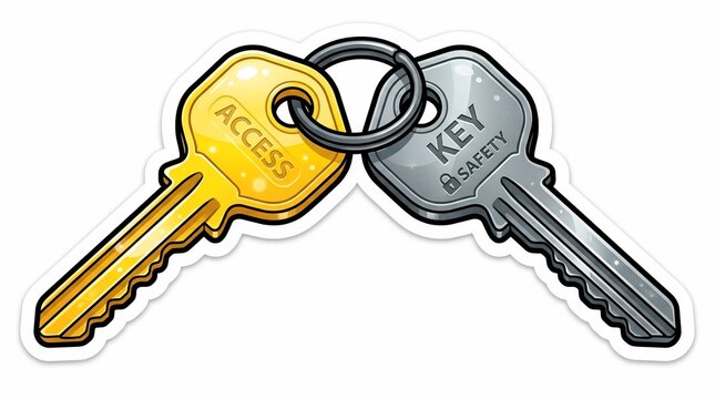 Two keys on a ring with access and safety labels isolated
