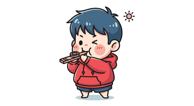 Cute cartoon child eating snack with happy expression outdoors.