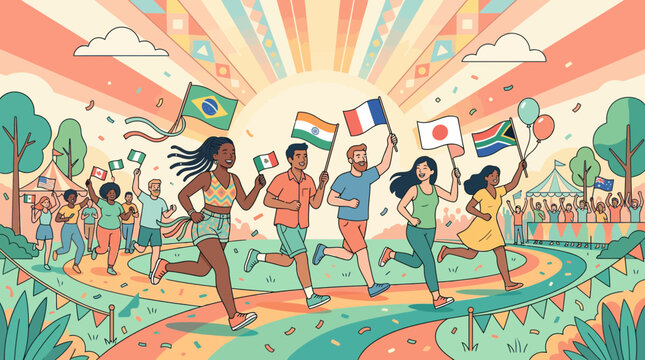 Diverse people run with international flags celebrating unity and global connection at outdoor festival