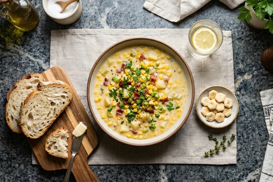 Top View of Creamy Corn Chowder Soup with Bacon and Potatoes on Granite Countertop with Sourdough Bread and Crackers