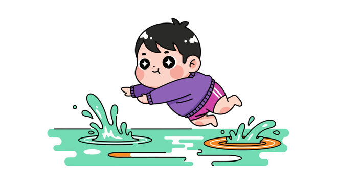 Playful cartoon child jumping into a small puddle cheerfully.