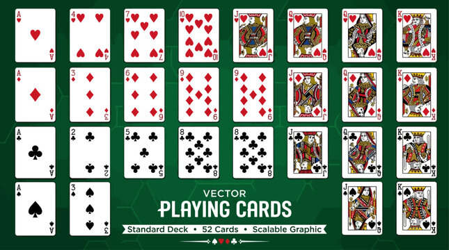 High-quality vector illustration of a full standard 52-card playing deck, featuring hearts, diamonds, clubs, and spades for casino game concepts and graphic design