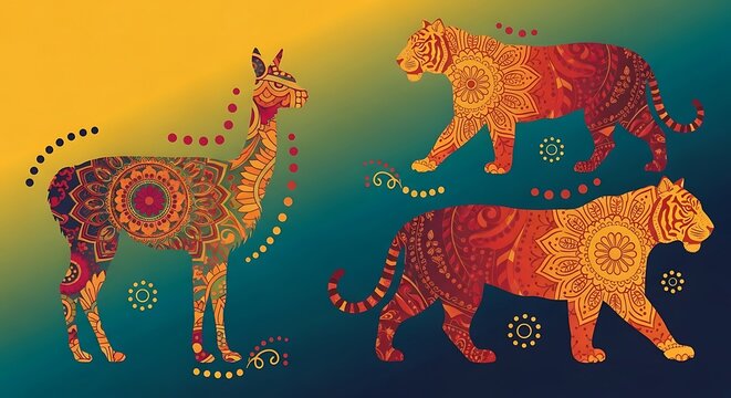 Intricate mandala animal silhouettes on a colorful gradient background