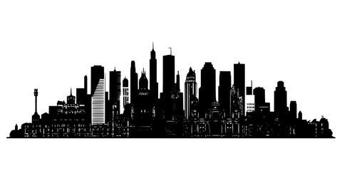 Obraz premium City Skyline Silhouette with Skyscrapers and Tower Buildings at Daytime, Minimalist Monochrome Architectural Illustration