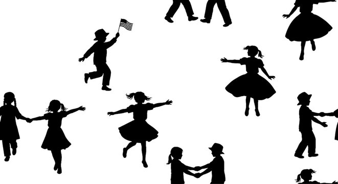 Silhouette figures dancing and celebrating joyfully together outside.