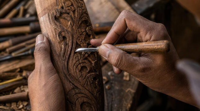 Hands meticulously carving intricate designs into a piece of wood with a chisel.