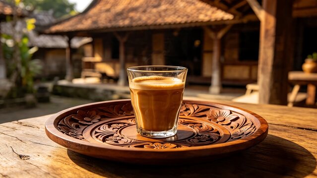 Traditional milk coffee served in a glass on a carved wooden plate with a rustic village house background