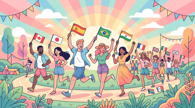Diverse people running with national flags, celebrating global unity and diversity in a park