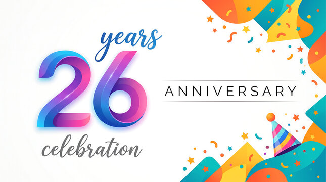 Anniversary celebration, 26 years, colorful party background, festive design element