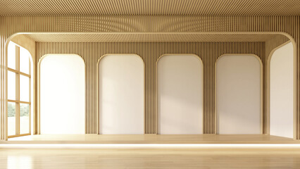 Fototapeta premium Empty room with a wooden archway and white walls. 3d rendering
