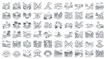 Diverse environment and geographical landscape line art set © Dias