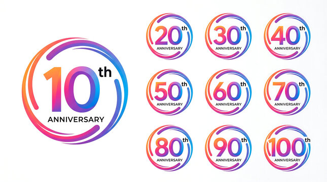 10th Anniversary, colorful decade icons, age labels, number badges, celebration graphics