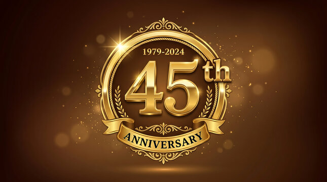 Golden 45th Anniversary Logo, Celebration Badge, 45 Years Commemoration Emblem, Luxury Anniversary Icon