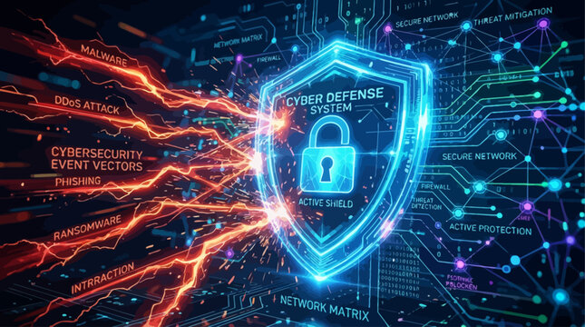 Digital Cybersecurity Concept with Protective Shield and Lock Guarding Network Against Malware Attacks