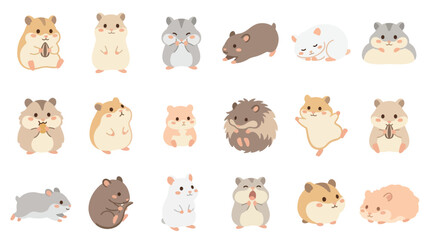 Collection of cute cartoon hamsters in various poses and colors, isolated on a white background. © Pink