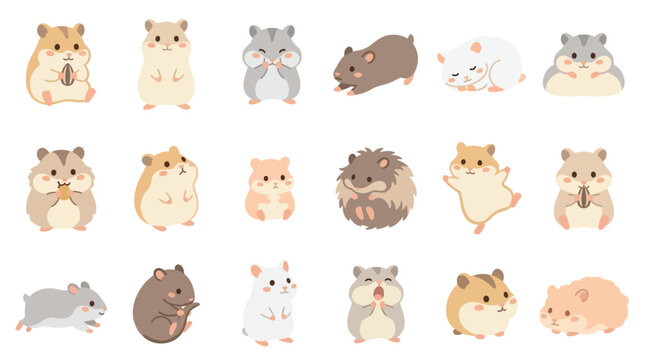 Collection of cute cartoon hamsters in various poses and colors, isolated on a white background.