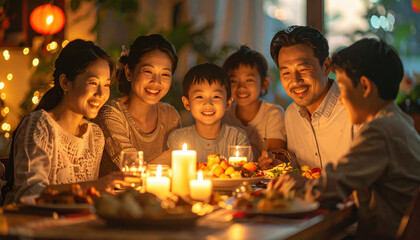 Fototapeta premium Happy family dinner asian family candle light warm atmosphere smiling child holiday celebration family together festive meal cozy home evening gathering Joyful happy family dinner asian family