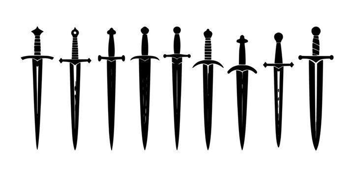 Swords Icon Set with Black Silhouettes on White Background, Medieval Fantasy Weapons Arranged in a Row for Game Design