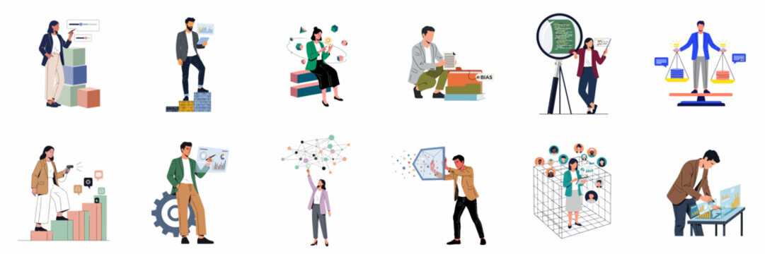 Set of Data Analysis and Artificial Intelligence Business Illustrations Featuring Diverse Professionals Working with Advanced Technology, Charts, and Binary Code Information.