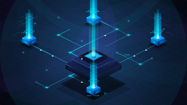 Abstract isometric data network with glowing digital layers